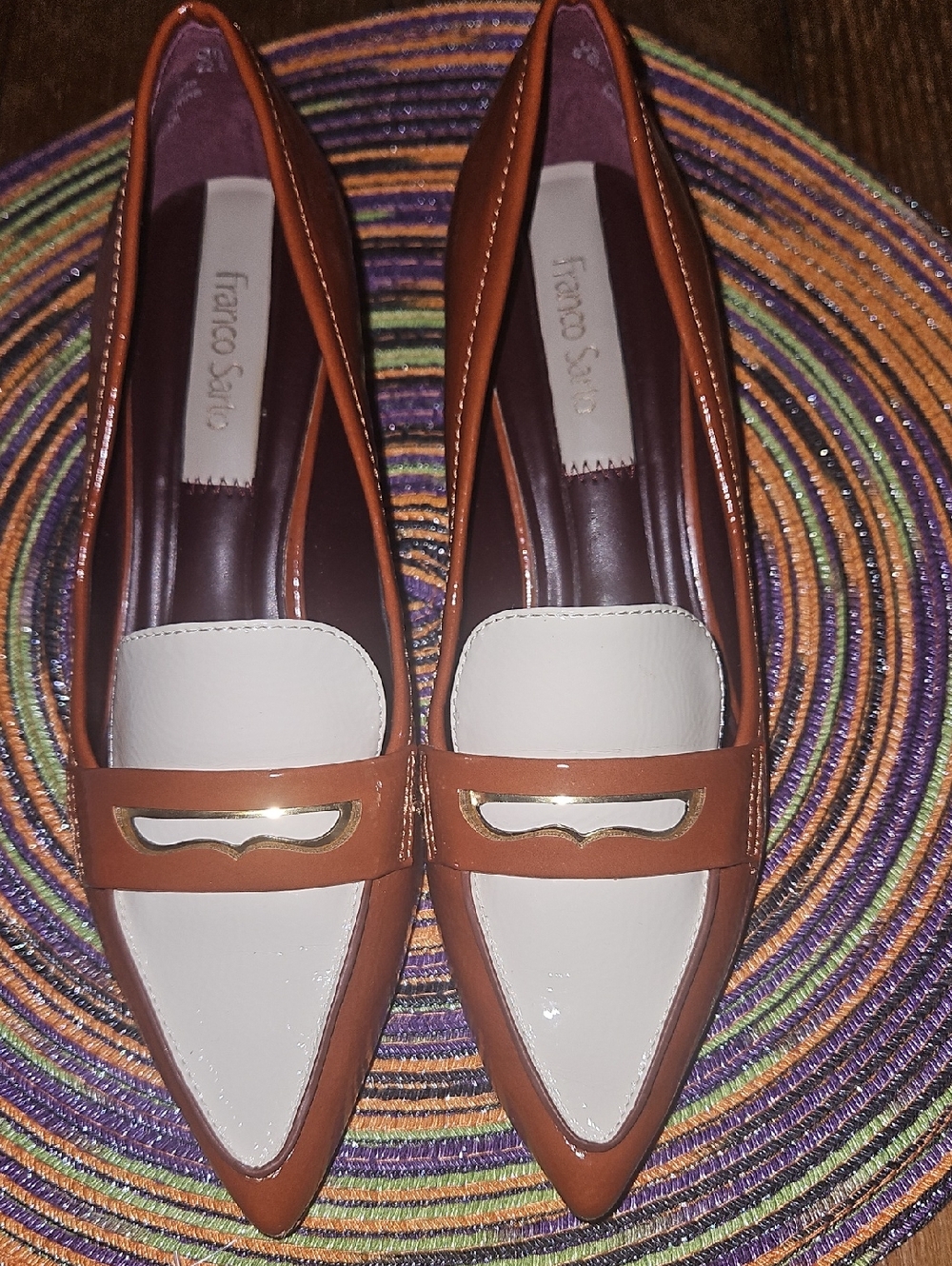 Franco Sarto Two-Tone Pointed Toe Loafers in Tan and Cream